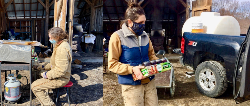 Images shows a farmer jarring finished maple syrup and another farmer carrying a box of jars.