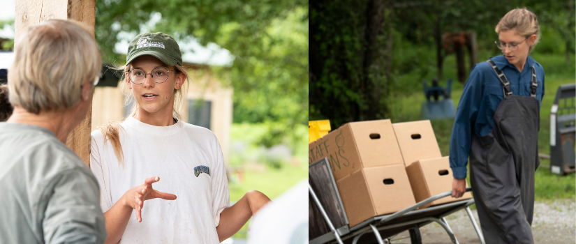 Image of Avery speaking with volunteers, and of Avery hauling a cart at the farm