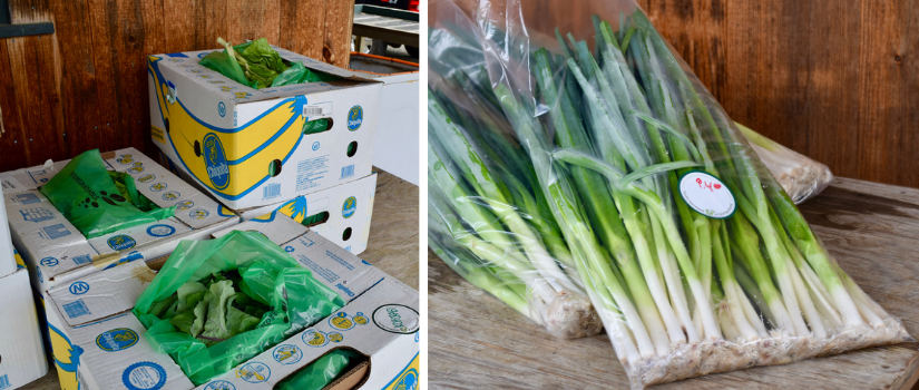 Image of boxes of produce and bags of leeks for distribution