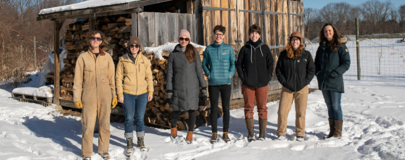 The 2022 staff in front of the sugar house (Erin, Jennifer, Christine, Chrissie, Rae, and Anna)