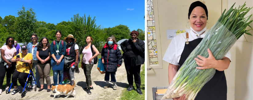 Image of Women's Lunch Place guests visiting the farm, and of Chef Sherry Hughes