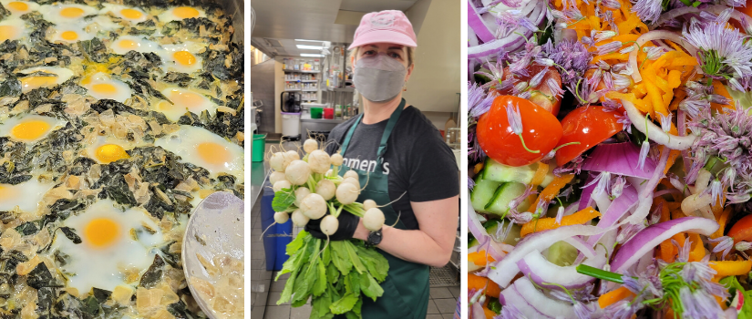 Image of egg dish featuring GG greens, WLP staff holding GG turnips, and a salad at WLP