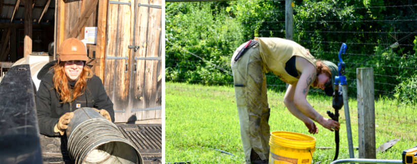 Image of Rae packing maple sap buckets into the farm truck, and of Rae working on the farm irrigation system