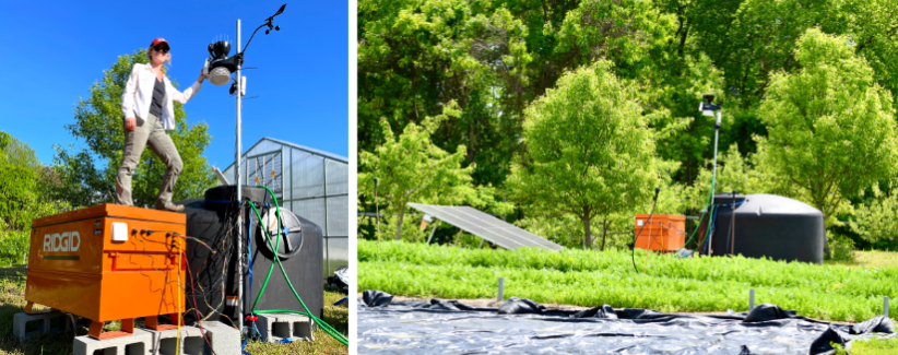 Image of Carolyn Sheline with irrigation equiptment on the farm