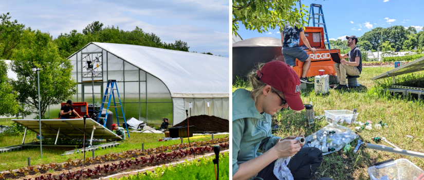 Image of the irrigation equipment and of the researchers working on it in the field