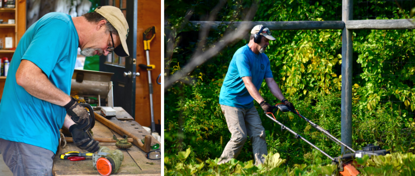 image of Geoff working in the workshop and mowing the lawns