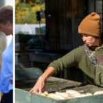 Image of Erin sharing wood sorrel with young volunteers, image of Erin at the wash station with turnips