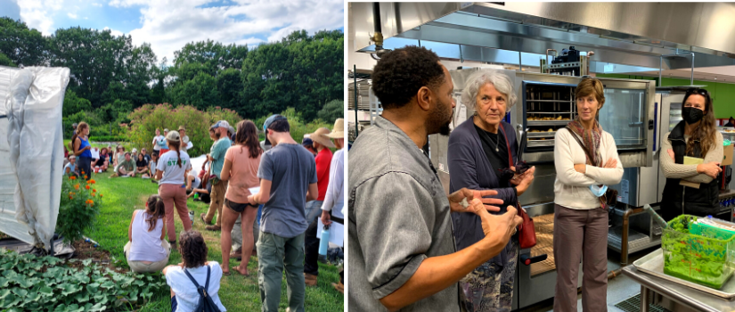 Anna speaking to a crowd at a no-till event, the board visiting Bridge Boston Charter School