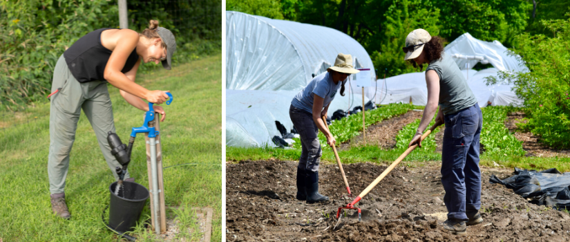 Farmer Avery working on and irrigation head, Farmer Ava cultivating